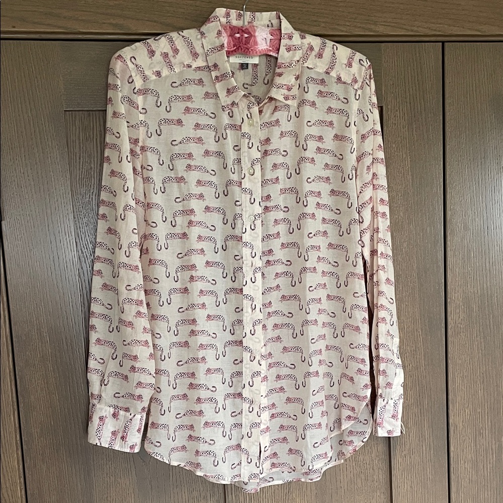 Ann Taylor Loft Cream Button-Up Blouse with Pink Leopard-Stripe Print